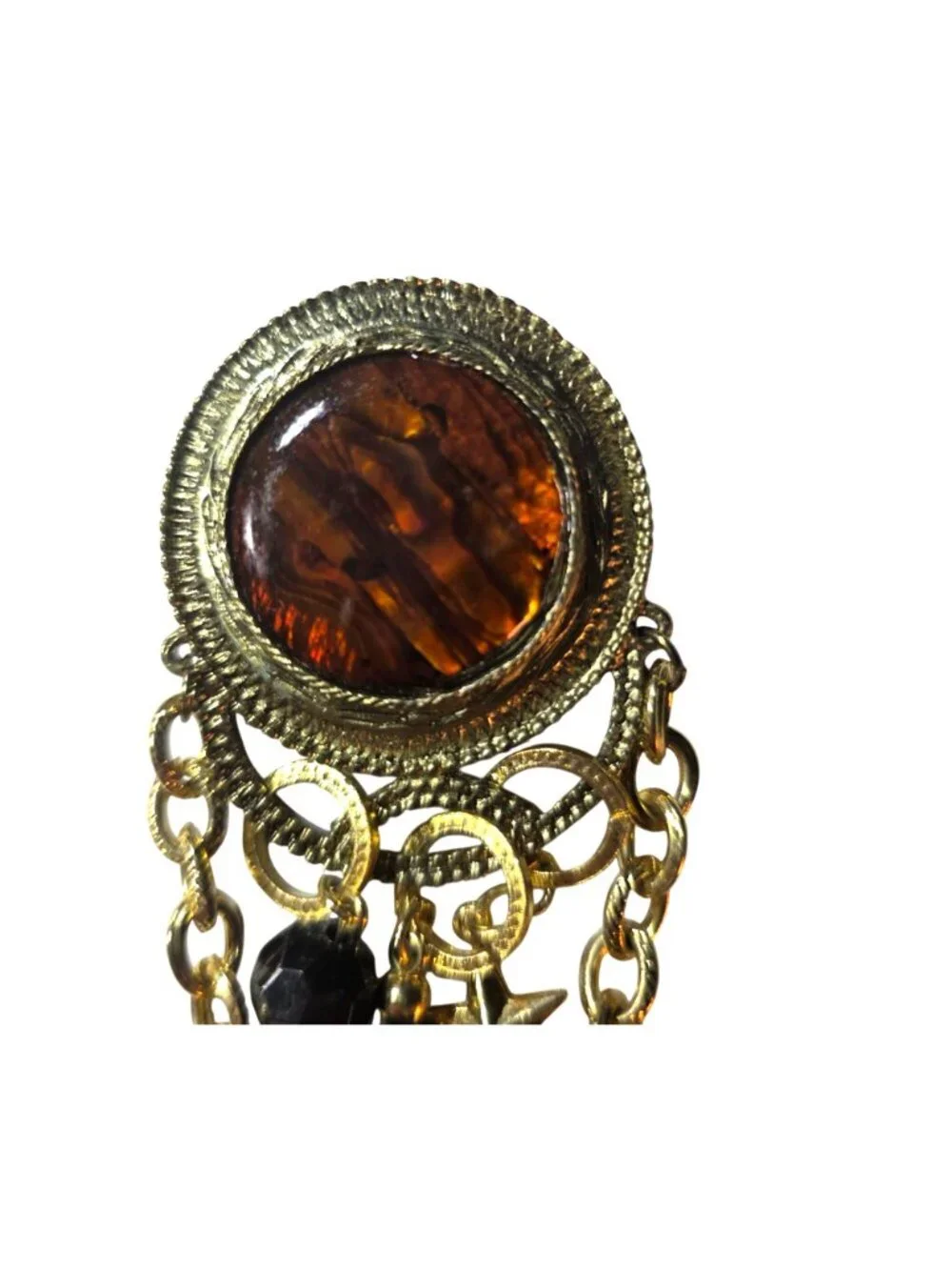 Vtg Gold Tone Brooch Brown Cabochon Black Beads  Heart Charms Chain Dangle MCM